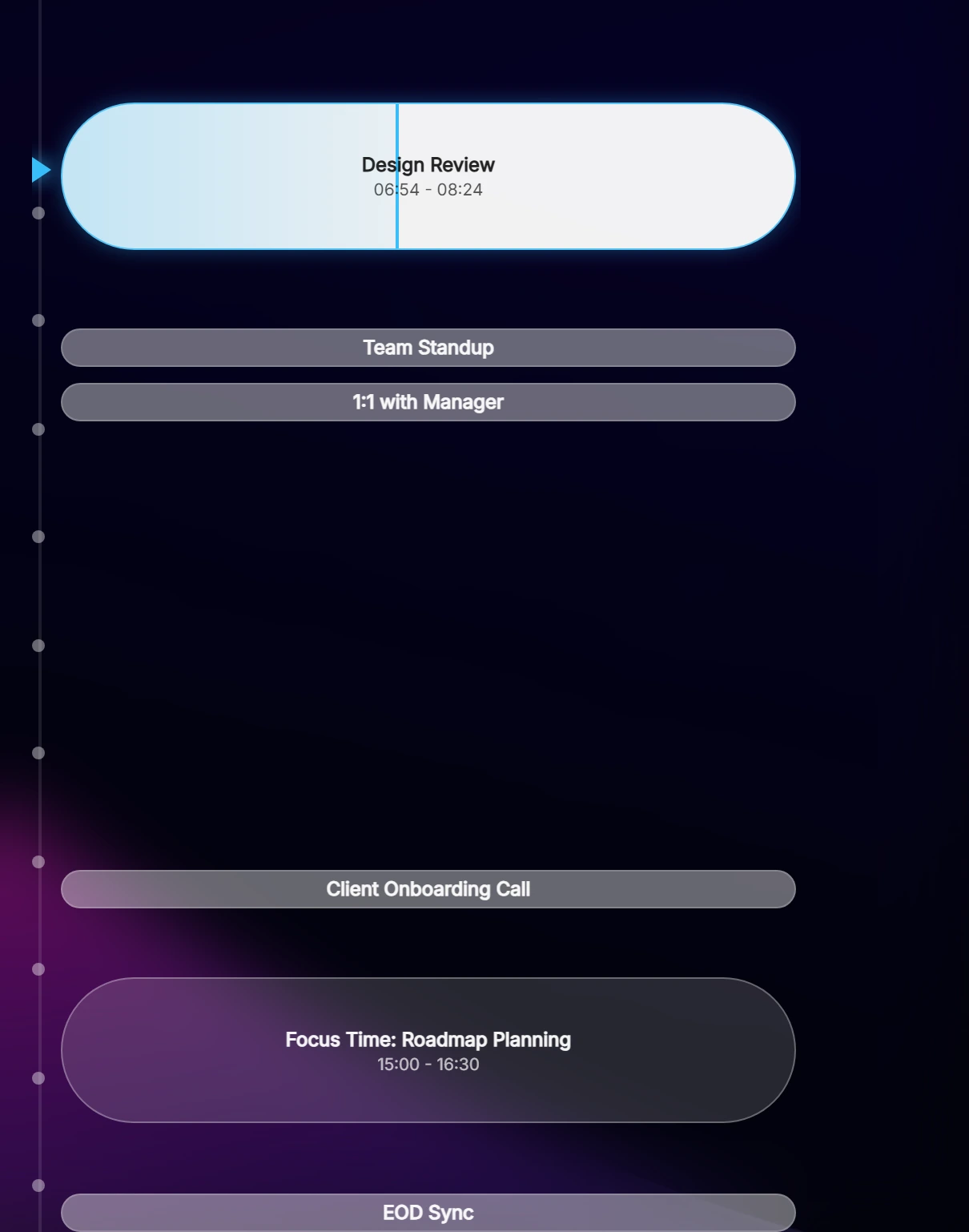 Ahem! vertical day timeline: past meetings dimmed, the current meeting highlighted, upcoming meetings below