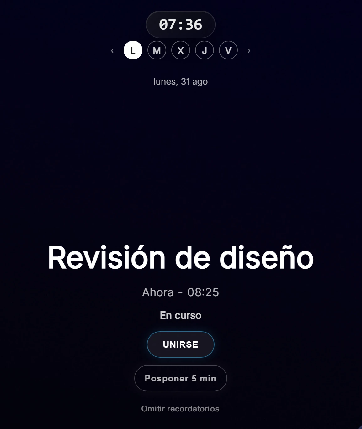 Primer plano de un recordatorio de Ahem!: nombre de la reunión, hora y grandes botones de Unirse y Posponer