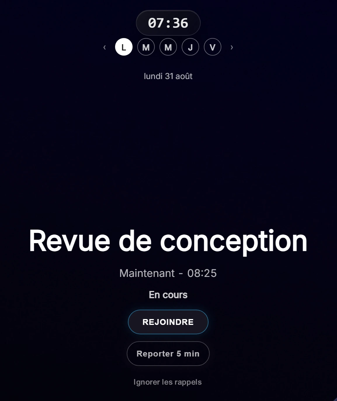 Gros plan d'un rappel Ahem! : nom de la réunion, heure, et grands boutons Rejoindre et Reporter