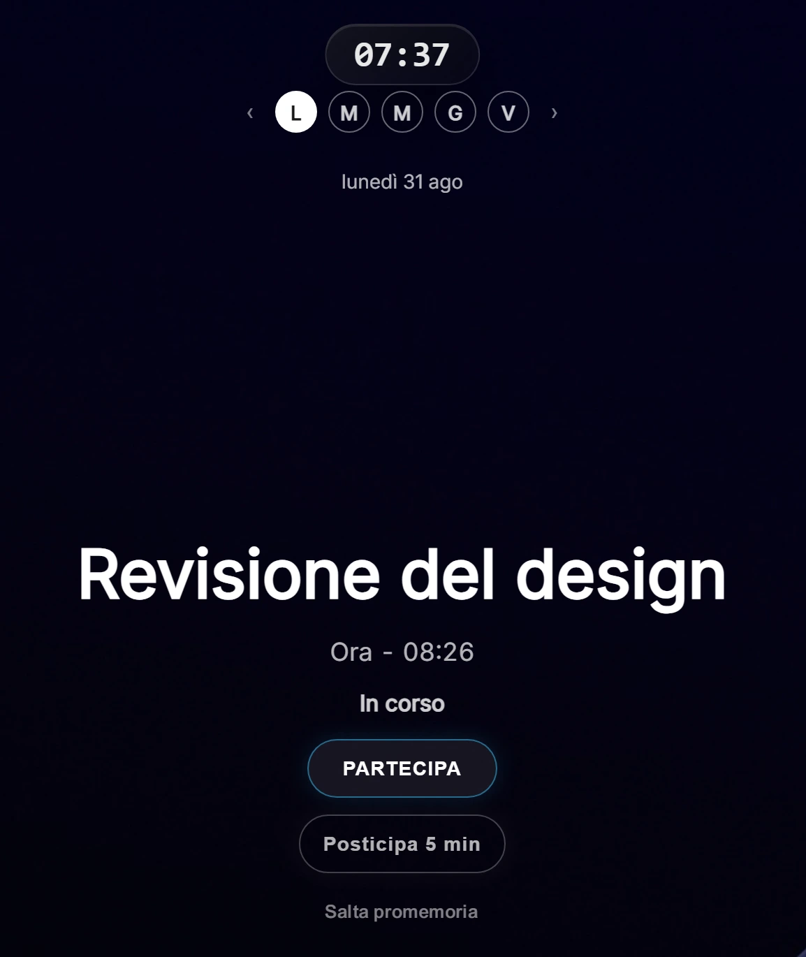 Primo piano di un promemoria di Ahem!: nome della riunione, orario e grandi pulsanti Partecipa e Posticipa