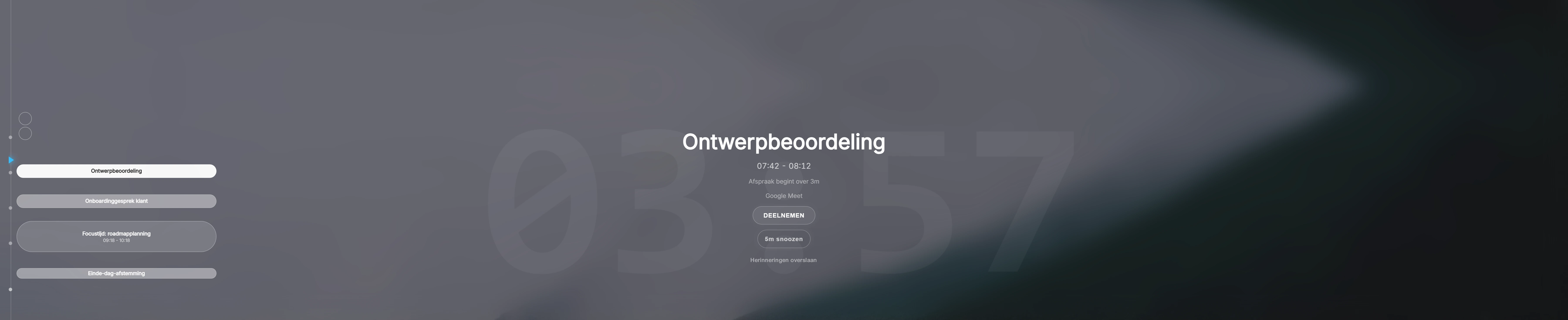 Ahem!-aftelling over de volledige breedte van het scherm: gigantische spookcijfers met 01:49:14 achter de details van de volgende vergadering