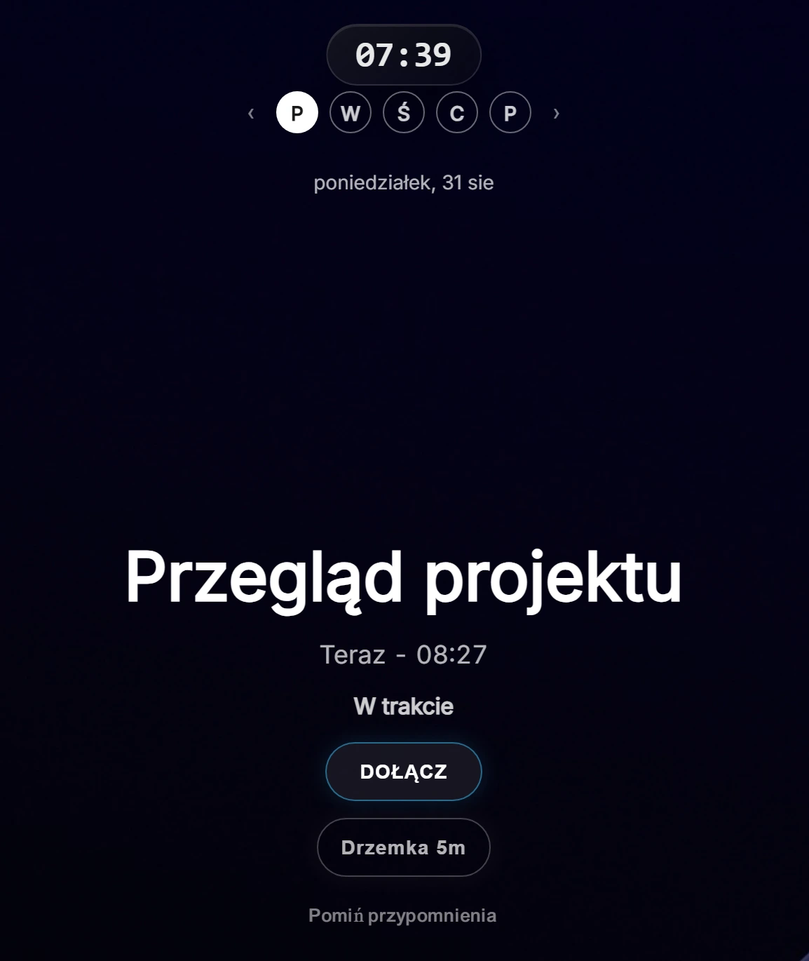 Zbliżenie przypomnienia Ahem!: nazwa spotkania, godzina i duże przyciski Dołącz oraz Drzemka