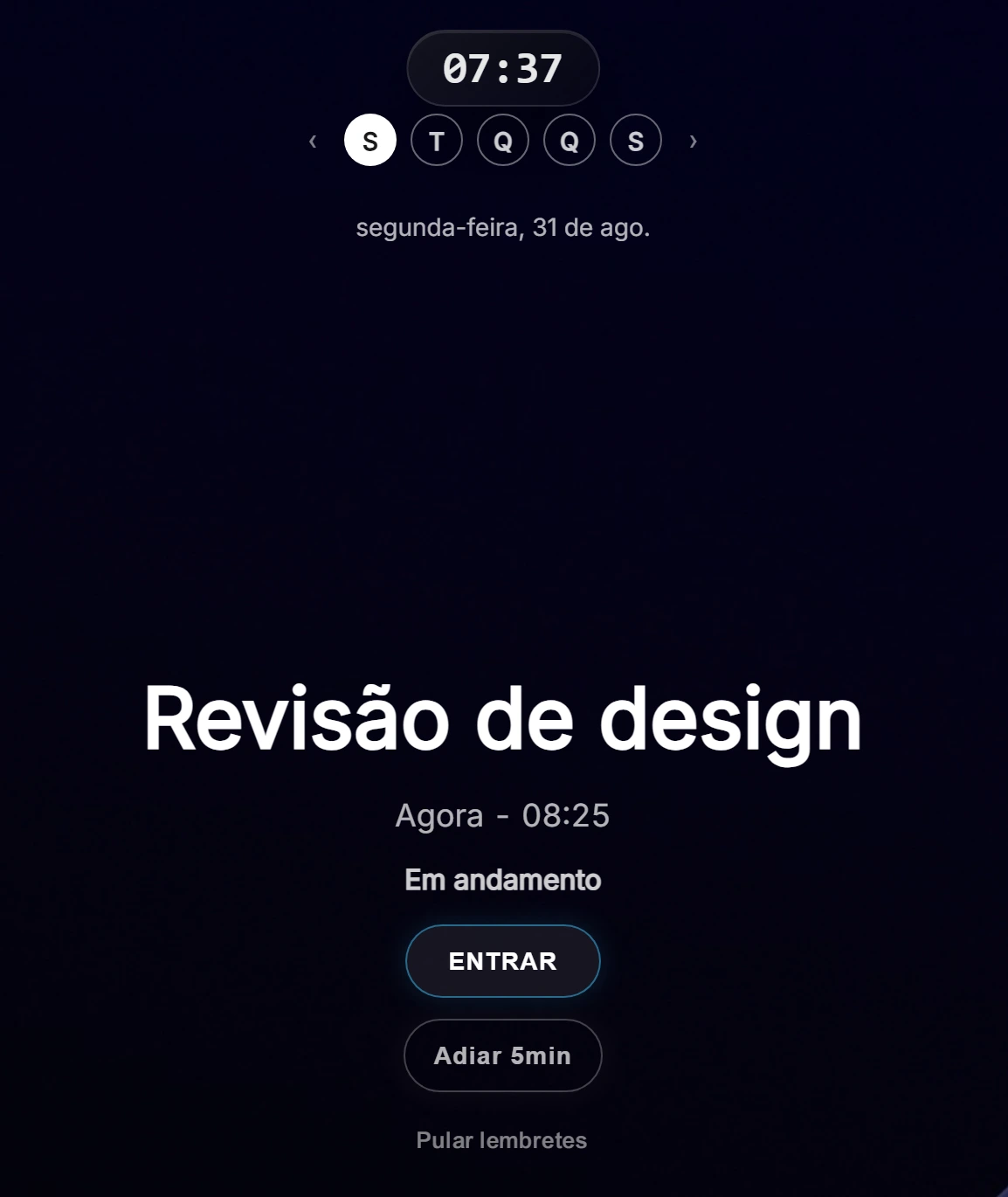 Close de um lembrete do Ahem!: nome da reunião, horário e botões grandes de Entrar e Adiar