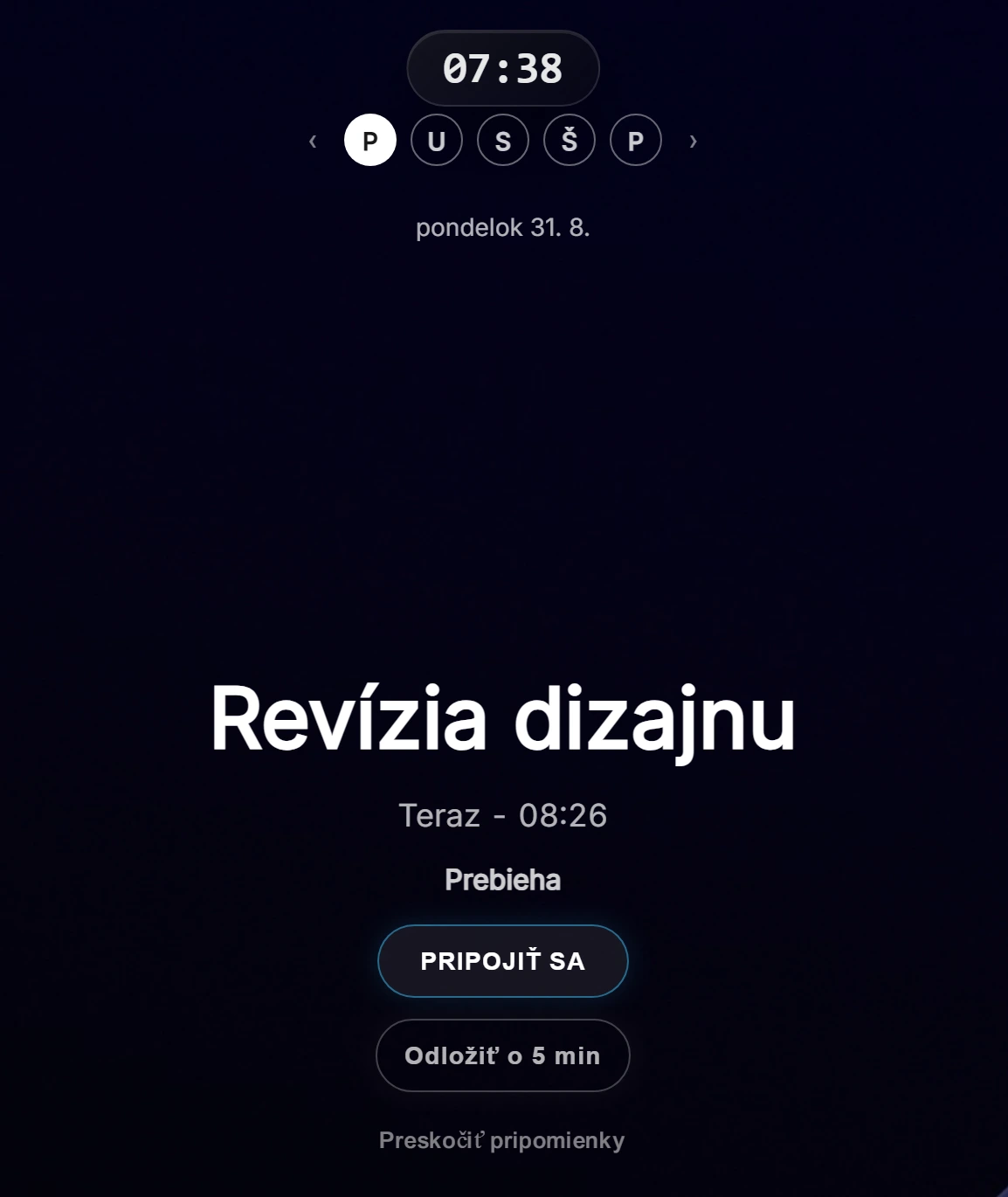 Detailný záber na pripomienku Ahem!: názov schôdze, čas a veľké tlačidlá Pripojiť sa a Odložiť